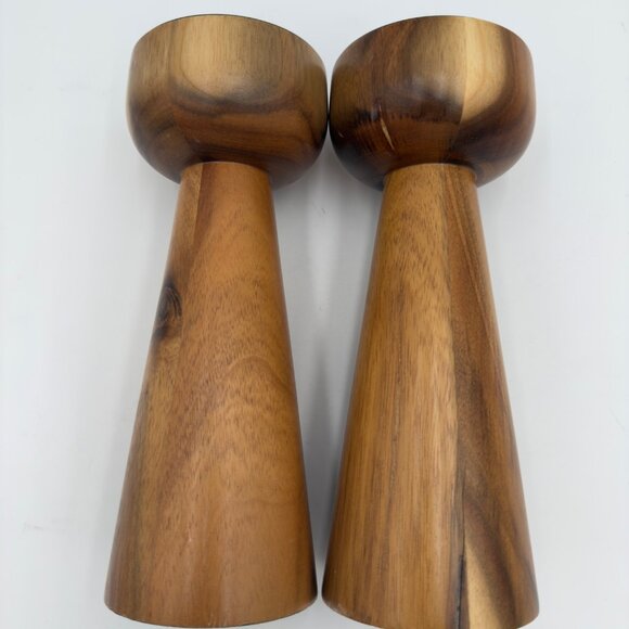 Mid-Century Tall Woodgrain Modern Candle Holders Black Inserts Set of 2 Decor - Picture 2 of 7